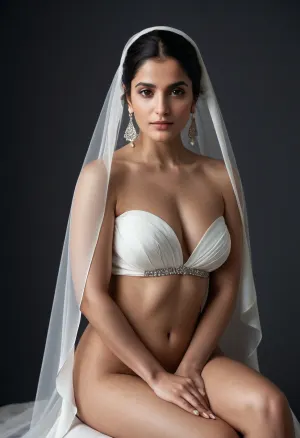 naked Curvy Iranian bride, artistic nude, seated gracefully on a minimalist white cube, soft bridal veil draped over her shoulders, calm and emotional gaze toward the camera, Persian facial features, subtle traditional earrings, high contrast lighting, gray studio background, minimalist and avant-garde atmosphere, soft fabric textures vs. cold geometric space, moody fine art photography, inspired by Iranian femininity and strength