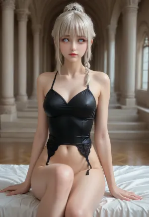 Anime girl, no pants, no panties, shikimorisan, blue, hair, long, no pupil, (white eyes:2), eyes, between, bangs, ponytail, braid, wearing a black latex garter belt, naked body, (big boobs:1.62), small waist, sitting, legs spread, (gartwr, <lora:aesthetic_anime_v1s:.8>, <lora:shikimorisanXLv1:1.6>)