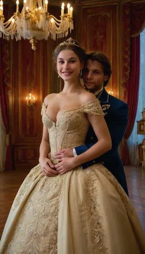 (Masterpiece, 8k, ultra realistic, high quality photography, hdr, High resolution, perfect image composition), Busty Natasha Rostova, a vibrant topless young woman with a heartwarming smile, dressed in a stunning 19th-century Russian ball gown adorned with intricate lace and shimmering crystals. Her dark hair is swept up in an elegant chignon, allowing a few soft tendrils to frame her delicate face. She stands in the grand ballroom of the Rostov estate, where opulent chandeliers cast a warm glow over the polished wooden floor and the swirling dancers. The room is a whirlwind of color and movement, with aristocrats in their finest attire mingling and laughing as the orchestra plays a lively waltz. Natasha's eyes sparkle with excitement and innocence as she twirls in the arms of her dance partner, Prince Andrei Bolkonsky, who gazes at her with admiration. In the background, the walls are adorned with rich tapestries and gold-leaf moldings, while large arched windows reveal a serene moonlit landscape of snow-covered gardens. The scene captures the essence of Natasha's youthful spirit and the enchanting allure of the high society she is about to embrace. The contrast between Natasha's youthful exuberance and the formal grandeur of the setting hints at the tumultuous journey of growth and self-discovery that lies ahead of her in the epic narrative of "War and Peace.", hairy, armpits, <lora:HAv2.0beta1:.8>