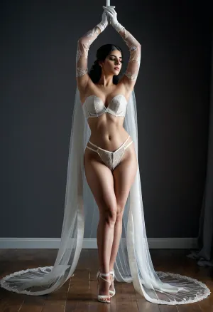 Curvy Iranian bride in avant-garde fine art nude, standing with feet firmly apart and arms raised straight above head, wearing only a white corset and long mesh bridal gloves, sheer veil hanging asymmetrically from one arm, dramatic side lighting, minimalist grey studio, body posed like a modern sculpture, Persian facial structure with intense gaze