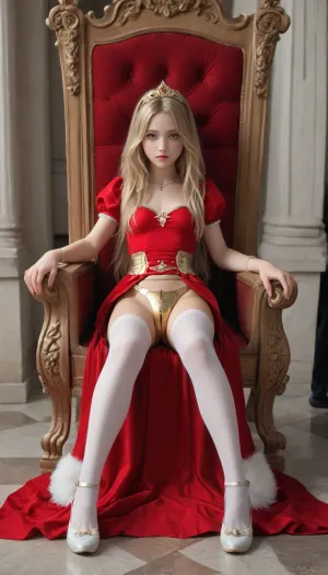 19 years old blonde princess, long hair, golden tiara, wearing long red royal dress, white shoes, small breast, and long white stockings, sitting on throne, wearing a golden chastity belt