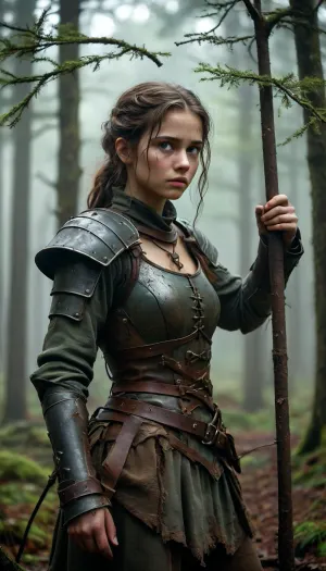 ** Description for the image generator, ** A girl in a tattered medieval tunic of coarse linen, with frayed edges and traces of dirt, stands in an iron cage that resembles an animal enclosure. Her hair is disheveled, her eyes are fearfully defiant, and her fingers are gripping the bars as if she's trying to defend herself. The cage is surrounded by a misty forest thicket, rusty spikes on the bars and shadows from the branches add to the sense of confinement. There are two hunters around, men in worn leather armor, daggers on their belts and crossbows on their backs. Their postures are aggressive — one is leaning toward the cage, grinning, his hand reaching for the lock, the other is half-turned, eyeing the captive with carnivorous interest. The hunters ' faces are a mixture of cruelty and lustful curiosity, narrowed eyes, stiff neck muscles, greasy grins. **Details to draw, **, **Textures, ** focus on the frayed fabric of the tunic, the gleam of the metal of the cage, the roughness of the tree bark in the background., **Lighting, ** the dim moonlight filtering through the fog creates sharp shadows on the hunters ' faces and glare on their weapons., **Emotions, ** fear and resistance in the girl's eyes, contrasting with the predatory passion of men., **Environment details, ** moss on the ground, broken branches underfoot, cobwebs in the corners of the cage. — * * Colors, ** a muted palette, (gray-green tones of the forest, dark brown leather of armor), with an emphasis on the pallor of the girl's skin and bloody reflections on metal. — * * Composition, ** a bottom view that highlights the threatening position of the hunters, a light haze for an atmosphere of alarm. **Technical instructions, ** Use ultra-detailed rendering for the characters ' faces and hands, 8K texture resolution for rendering small elements, (such as scratches on bars), and dynamic lighting with soft shadows. Add a motion blur to the background to focus your attention on the cell. * Restriction, The description does not contain explicit scenes of violence, but implies a tense atmosphere.*, fantasy, scaled, humanoid, <lora:add-detail-xl:.5>, <lora:Midjourney Image Enhancer XL v1:.8>