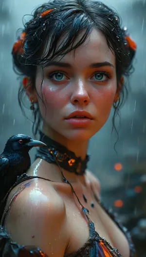 woman, Witch, d&d character, dark fantasy, scared eyes, raven! on the arm, psychotic, intricate details, iridescent, vivid colours, trending on artstation, Jean Baptiste Monge, Michael Garmash Hyperrealistic photo perfect figure, Hyper detailed by Magali Villeneuve, Clint Cearley and Ekaterina Burmak, high definition textures, meticulous details, maximalist, high quality reflections Hyperdetailed Painting By Ismail_Inceoglu Tom Bagshaw Dan Witz CGSociety ZBrush Central Fantasy Art 4K, sidelight, frontlight, blurry background star wars, cinematic_lighting, blush, arms_behind_head, nsfw, sweat, wet, rain, neiyi1, damimi, mystery of the dark space, dynamic, dramatic, <lora:MJ52:.8>