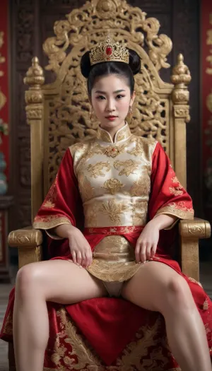 A Chinese princess in national clothes, her hair tied up in a bun, a tiara on her head, surrounded by her vassals, sits on a throne with her pussy exposed, legs wide apart