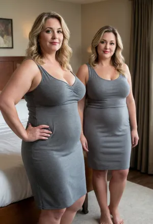 Two 60 year old mature plus-size Gilfs stand side-by-side in a brightly lit luxury hotel room suite setting.
Woman on the left, she is obese with wide hips, and a huge butt. She has long, dark brown hair that falls past her shoulders and appears slightly wavy. Her skin tone is fair, and she has a gentle, neutral expression. She is wearing a fitted, sleeveless black dress that accentuates her figure and falls to just above her knees. She is barefoot.
Woman on the right, she is obese, she has huge hips, and chubby. She has shoulder-length blonde hair that is styled in loose waves. Her skin tone is also fair, and she has a soft, pleasant expression. She is wearing a form-fitting, sleeveless grey dress of a similar length to the other woman's. She is also barefoot.
They are in a hotel room suite, there is a bed in the back ground, the mood is sensual and warm.