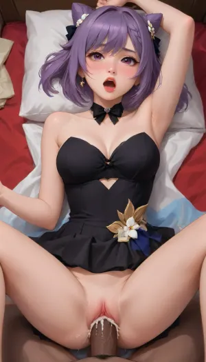 view from side, hetero, (Keqing from Genshin Impact), full body view, (breasts:1.3), (fucked in missionary by an huge black man grabbing her), (1man, African american man, very dark skin, large penis), dress, strapless, strapless dress, cleavage, black dress, bow, bare shoulders, official alternate costume, ribbon, black bow, hair ribbon, bowtie, moaning, mouth opened, blush, showing her armpits, huge creampie, eye contact, (realistic:.9), interracial, male pov, (orgasm:1.5), (creampie:1.3), <lora:keqing:1>, <lora:Animated_Concept:1>