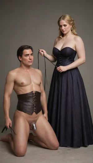 (beautiful chubby milf:1.6), long blonde hair, (victorian corset dress:2), mesh sleeves, lace stockings, high heels, (woman whipping tied man:1.8), (naked man kneeling:1.2), (femdom whipping man), standing mistress whipping man, standing domina, ((helpless powerless man)), slave man, handcuffed man, (chastity cage:1.2), (whipmarks:1.4), young man, whip marks, bruises, whipped man, very skinny man, dark cellar, bdsm dungeon, skinny man, very skinny man. Think man, thin slave, rich woman, skinny slave man, submissive skinny man, young man slave, 1boy