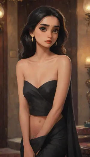 highlydetailedbody, realisticface, highlydetailedhair, insanelydetailed, 8K.highdetailedskin, highresolution, perfectfingers, (j_cartoon:1.5), Drawing., <lora:580159_training_data:1>, abbylee, <lora:abbylee_xl_lora:1>, <lora:samdoesarts1.1-000030:.4>, <lora:J_cartoon:.3>, <lora:Animated_Concept:.4>, A beautiful Indian woman with long, straight, silky black hair and dusky glowing skin, wearing a bold, high-slit designer black saree with a modern twist — draped to reveal a sculpted midriff and one shoulder. She poses confidently in a luxurious room with soft ambient lighting, dark elegant walls in the background. Her makeup is glamorous with bold eyes, nude lips, and she wears golden jhumkas, (traditional earrings), . Cinematic lighting, fashion editorial style, soft shadows, ultra high-definition, Vogue photoshoot aesthetic.