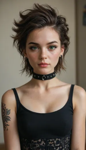 Breathtaking modern beautiful young woman, (punk goth wizardress), with long straight brown hair, pale skin, (hazel-greenish eyes), long eyelashes, (punk-goth young adult girl soft skin, freckles, defined cheek bones, high cheek bones, cheery), lots of black tattoos, magic mist, digital painting, digital illustration, extreme detail, digital art, 4k, ultra hd, Anna Dittmann, greg rutkowski, alyssa monks, hyperrealism, trending on artstation, by Egon Schiele, gustave dore, david mann, vintage photography, beautiful, tumblr aesthetic, retro vintage style, hd photography, full body, <lora:193712_training_data:.8>, <lora:Midjourney Image Enhancer XL v1:.8>