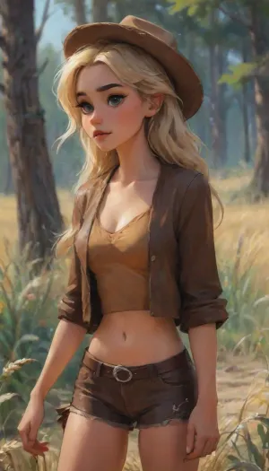 (((a cowgirl woman in a Western Wear Women Festival Going Out Clothes Vintage Style Cowgirl Outfit Boho Vacation Hippie PU Leather Cardigan With Low Waist Shorts 2 Pieces Set Outfit, blonde, a perfect fit body young woman of 19 years old, with natural breasts, wide hips, gorgeous ass))), works in the field with her little young son, ((oktoberfest dress)), (((masterpiece, the best quality))), (wheat field, ears, sickle, sheaves), k3nk3lly, Art, by, Boris, Vallejo, Style, fr4z3tt4, fantasy, highlydetailedbody, realisticface, highlydetailedhair, insanelydetailed, 8K.highdetailedskin, highresolution, perfectfingers, (j_cartoon:1.5), Drawing., <lora:580159_training_data:.5>, abbylee, <lora:abbylee_xl_lora:.5>, <lora:samdoesarts1.1-000030:.4>, <lora:J_cartoon:.3>, <lora:Animated_Concept:.4>