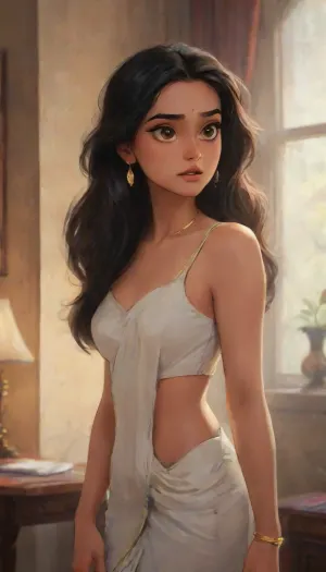 highlydetailedbody, realisticface, highlydetailedhair, insanelydetailed, 8K.highdetailedskin, highresolution, perfectfingers, (j_cartoon:1.5), Drawing., <lora:580159_training_data:1>, abbylee, <lora:abbylee_xl_lora:1>, <lora:samdoesarts1.1-000030:.4>, <lora:J_cartoon:.3>, <lora:Animated_Concept:.4>, A beautiful Indian woman with long, straight, silky black hair and dusky glowing skin, wearing a bold, high-slit designer black saree with a modern twist — draped to reveal a sculpted midriff and one shoulder. She poses confidently in a luxurious room with soft ambient lighting, dark elegant walls in the background. Her makeup is glamorous with bold eyes, nude lips, and she wears golden jhumkas, (traditional earrings), . Cinematic lighting, fashion editorial style, soft shadows, ultra high-definition, Vogue photoshoot aesthetic.