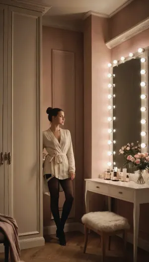 A bright and spacious dressing room with an elegant classical interior design, featuring high ceilings and large white-paneled doors with intricate moldings. The walls are painted in a soft off-white tone, creating a clean and professional atmosphere. A wide, well-lit makeup mirror dominates one side of the room, surrounded by a row of bright vanity lights that cast a warm and natural glow across the space. The lighting is soft but well-defined, emphasizing the textures and details of the room without creating harsh shadows.

The floor is made of light wood, polished and slightly reflective, adding a subtle warmth to the environment. On the floor, there are scattered pieces of clothing and a small piece of white fabric or tissue, casually lying near the center of the room. A black, modern-style chair with a curved backrest is positioned in front of the vanity table. The table itself is cluttered with various items, makeup tools, brushes, small boxes, folded clothes, and other personal accessories. To the right of the table, a water bottle and a pink fabric item are visible, adding a casual and lived-in touch to the scene.

On the left-hand side, a tall standing coat rack holds a few dark garments, hanging loosely and adding contrast to the otherwise light and airy space. The background features a large mirror, reflecting parts of the room and adding depth to the composition. The mirror captures subtle details of the environment, including more scattered items and clothing lying on a chair.

In the center of the composition, there is a half naked dressing up 18 years old woman standing in a relaxed and candid pose. She appears to be in the process of dressing or adjusting her clothing. Her hair is tied up in a loose, casual bun, with a few strands softly framing her face. She is wearing semi-transparent black tights and light-colored undergarments. Her posture is natural, slightly leaning forward as she adjusts her outfit, with one leg slightly bent. Her expression is calm and focused, contributing to the overall realism of the scene.

The camera angle is positioned at eye level, capturing the scene in a way that feels immersive and personal, as though the viewer is present in the room. The overall mood of the image is casual yet professional, with a focus on subtle details and realistic lighting. The textures of the materials, such as the soft fabrics of the clothes, the smooth wooden floor, and the reflective surfaces of the mirror and vanity lights, are rendered with high clarity and precision. The scene should convey a balance between elegance and authenticity, emphasizing the natural interaction of light, materials, and human presence in the room