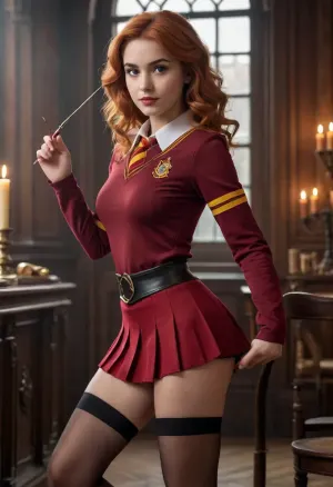A young woman in a seductive pose, dressed in a stylized Gryffindor student uniform. Her figure is highlighted by a tight-fitting maroon short top with a gold and Gryffindor emblem on the chest. The skirt is short, pleated, with a thin belt that accentuates her slender legs. On her feet, she wears high black stockings and patent leather shoes with heels, adding playfulness and elegance to the look. She sits on the edge of a table or chair, leaning back slightly, one leg bent, the other extended forward, creating a dynamic and attractive pose. She holds a magic wand in her hands, which she playfully twirls between her fingers, and her gaze is full of confidence and light coquetry. Her hair is long, red or brown, with light waves, falling over her shoulders. The makeup is natural, but with an emphasis on lips tinted with a warm shade of red. There is a barely noticeable smile on his face, full of mystery and charm. The background is an interior reminiscent of Hogwarts, wooden panels, antique books, candles floating in the air, and soft light creating an atmosphere of magic and mystery. In the background, add elements related to the Gryffindor heraldic lion or scarlet and gold draperies. The overall mood is a mixture of audacity, playfulness and magical charm, with an emphasis on her confidence and beauty.