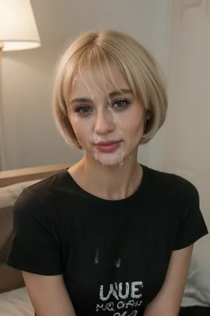 1milf, 35yrs, cute, blonde, bobcut, swedish, cum on shirt, black tshirt with cum on, cum on face, happy, solo, RAW photo, beautiful, subject, 105mm professional photography, 8k uhd, dslr, soft lighting, high quality, film grain, Fujifilm XT3, sexy pose, home, short t-shirt, salva, <lora:facialized:.8>