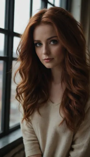 (mischievous woman, charismatic, effortless charm, mischievous expression, playful, spunky, feisty:1.6), (rich auburn hair with dark roots, long luxurious hair, thick voluminous hair:1.4), (avant-garde snapshot esthetic, soft focus, loose closeup:1.6), (artist loft, large industrial windows, morning sunlight, natural lighting, warm lighting, dappled light, shadow play:1.6), (cream colored sweater, casual sweater:1.4), (masterpiece, best quality, 8k, RAW photography, award-winning:1.2), (shallow depth of field, professional color grading, HDR, uncompressed, RAW photograph), (natural skin texture, realistic skin details, subtle vellus hairs), (intricately detailed hair, natural hair texture), (expressive eyes, limbal ring, detailed iris texture, realistic eye texture), ziprealism