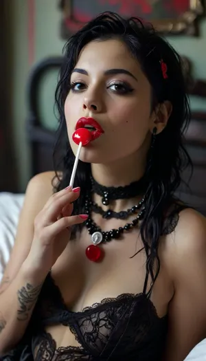 Thick Latina Goth lesbian nude in bed, licking a lollipop, <lora:MJ52:.8>