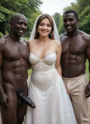 interfacial, long and thick black penis, A sensual wedding photo of a, at dark night in wedding ceremony, ((smiling Iranian chubby bride and groom dressed in traditional and modern wedding attire)), standing next to their, (((muscular brutal black skin bull man))), All three are posing happily together outdoors in a sunny garden setting, with soft natural lighting and a warm, festive atmosphere. The Iranian bride is wearing a slutty cutout white dress with subtle Persian embroidery, the groom in a formal suit, and their Korean friend is dressed stylishly in semi-formal attire. Everyone is laughing and enjoying the moment., photo, portrait, <lora:real-humans-PublicPrompts:.8>, diaphanous, dress, <lora:xl_diaphanous_dress-1.0:.8>, detailed, eyes, perfect, freckles, skin, texture, photorealistic, <lora:Super_Eye_Detailer_By_Stable_Yogi_SDPD0:.8>