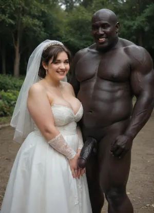 interfacial, long and thick black penis, A sensual wedding photo of a, at dark night in wedding ceremony, ((smiling Iranian chubby bride and groom dressed in traditional and modern wedding attire)), standing next to their, (((muscular brutal black skin bull man))), All three are posing happily together outdoors in a sunny garden setting, with soft natural lighting and a warm, festive atmosphere. The Iranian bride is wearing a slutty cutout white dress with subtle Persian embroidery, the groom in a formal suit, and their Korean friend is dressed stylishly in semi-formal attire. Everyone is laughing and enjoying the moment., photo, portrait, <lora:real-humans-PublicPrompts:.8>, <lora:RsmJemma1XL:.8>