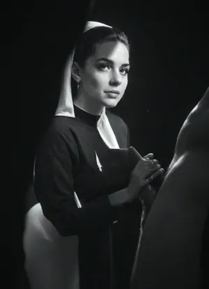 priests watch as an elderly nun, a 90-year-old woman, black hair cut into a square, looks at the viewer, she is fucked by a priest, face, anal penetration, side and back view, bent over, hands tied behind her back, result_9, result_8, result_7, (((white male), (close-up), muscular)), seven-inch penis, (stands straight), copious amount of cum, drips on a woman, cum, (looks in love and happy), (((profile view))), shots of cum, drops of cum, (((Nun, 41 years old, MILF, (woman looks from below up at the man), , , (short haircut), , , (((black silhouette))), , , (((monochrome:1.9))), , , saturated natural droplets on the chest, (black background), , , highlight, style, hair, light, <lora:hair highlight style:.5>, version 1:.9), <lora:206223_training_data:2>)), binding, bending over the altar, the altar, a lot of people around, the audience