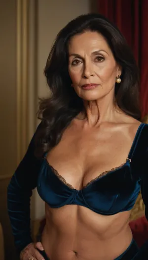 Sexy old granny, glamour and fancy, 65 years old, dark brunette, long hair, very tall, very curvy, small tits, very tiny boobs, wide shoulders, very serious horny sexy face, long sleeve velvet lingerie, granny woman, looking at the camera, selfie, face focus