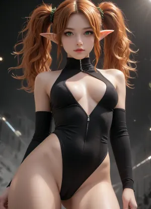 score_9, score_8_up, score_7_up, masterpiece, girl, beautiful, curly hair, long and voluminous, the girl has curly orange hair, and she has very thick hair, ((pigtails)), . She has huge bright green eyes, (((sharp elf ears))), sexy legs, long legs, slender pale body, pale skin, (((natural breasts of huge size))), athletic build, blush, slim waist, narrow hips, seductive, serene, pristine beauty, pure, lively, pink lips and makeup, lustful gaze, hot girl, depth of field, dynamic angle, sexy pose, best quality, detailed eyes, perfect eyes, realistic eyes, ginger hair, wild hair, straight hair, long hair, green eyes, (black eyeliner), fit body, realistic breast, form-fitting black suit, exposing suit, intricate stitching, high collar, toe_focus, front view, looking at viewer, movie perspective, black background, abstract background, (((neon lines))), dynamic light, (camel toe)