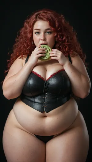 (((3/4 view))), 1 girl, very chubby woman, (bbw, fat:1.5), (freckles:1.5), (bright green eyes:1.5), (red hair:1.7), (extreme long, (red), curly hair), busty, (wearing black leather bustier), mouth open, (inside), (((black background))), giant boobs, eating a small lolly