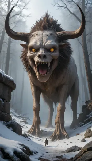 A bleak anti-utopian winter forest where skeletal trees rise from cracked frozen ground, their branches heavy with jagged acid-green icicles dripping onto patches of glowing bioluminescent moss. The sky is choked with smog, casting a sickly gray-blue haze over the snow-covered ruins of a forgotten civilization—twisted metal beams protrude from the earth, half-buried in frost, while faint aurora-like lights flicker weakly above. The air is thick with falling snowflakes tinged faintly amber by a decaying magical energy, and the distant howl of an unknown creature echoes through the silence. Style, dark fantasy meets primal decay, blending hyper-realistic textures, (rough bark, frost-crusted stones), with muted earth tones and eerie toxic highlights. No modern technology—only the raw brutality of a shattered world surviving on forgotten magic.