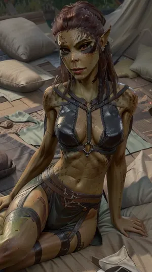 (vaginal sex:1.4), woman, Lae-zel, brown hair, long ponytail, (green skin), (colored skin), lying, on a bed, in a tent, candle lights, front view, seductive, sultry, Ben Bauchau, Michael Garmash, Daniel F Gerhartz, Clint Cearley, Carne Griffiths, Jean Baptiste Monge, strybk style, matte background, volumetric lighting, pulp adventure style, fluid acrylic, dynamic gradients, illustration, highly detailed, simple, smooth and clean vector curves, vector art, smooth, johan grenier, character design, 3d shadowing, fanbox, cinematic, ornate motifs, hyperrealism, posterized, masterpiece collection, bright lush colors, TXAA, penumbra, alcohol paint, wet gouache, black thighhighs, black thong, black bra, <lora:Lae-zel:1>