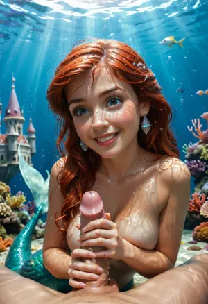 disney, redhead Princess ariel, the little mermaid, mermaid body, topless, looks curious, wet body, wet hair, detailed background, perfect detailed body, detailed skin texture, cute face, realistic face, full body view, under the sea, handjob, happy, enjoying, stroking dick, pov, nude, breast exposed, FRESHIDEAS, Underwater, Palace, mermaid, <lora:FRESHIDEAS Underwater Palace:.8>, <lora:mermaid_xl_v1:.8>