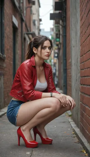 Claire Redfield from ResidentEvil, claire outfit, red jacket, denim skirt, alleyway, squatting, nsfw, big tits, full body view, high heels
