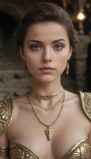 (Round face shape, Receding chin, Almond eye shape, Brown hazel eye color, Brown eye brow color, Round eyebrows, roman nose shape, full lip, Short hairstyle, Black haircolor, Fair skin tone, Asymmetrical facial structure), (in a mystical cave in the Amazon:1.3), (Amazon warrior:1.3), (wearing warrior amor:1.3), (gold necklace:1.1), (gold earrings:1.1), (gold bracelet:1.1), (gold asseours:1.3), the breast is naked, the vagina is naked, (full body view:1.7)