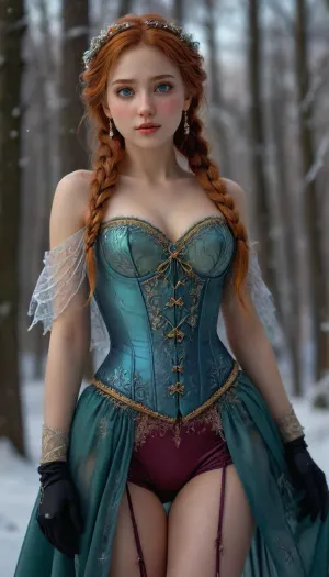 (masterpiece, best quality, highres, photorealistic), 18-year-old girl inspired by Anna from Frozen, sexy fantasy reimagining, petite and fit figure with soft pale skin, short tight-waisted corset in royal navy and gold embroidery barely covering her full perky breasts, erect nipples visible through the thin fabric, revealing deep cleavage framed by the corset lines, wearing a sheer teal skirt split open to both sides, exposing her smooth bare legs and crotch, shaved and glistening pussy visible beneath the flowing translucent fabric, pink labia subtly outlined, tight and neat anus centered and clean, loose dark rose-red cape draped behind her shoulders, small snowflakes glistening on the fabric, thin black gloves pushed halfway down her arms, her soft red-auburn hair tied in two playful braids falling over her chest, loose strands framing her youthful, flushed face, glowing green eyes wide and expressive, long lashes, glossy pink parted lips, gently blushing cheeks, seductive smile, standing with one foot slightly forward in snow-covered forest ruins, her hand lifting the front of her split skirt, head turned slightly toward viewer, background glowing with enchanted blue mist, shimmering frosty trees, and icy crystalline arches catching ambient moonlight, snowflakes caught in her lashes and braids, cold breath softly visible, soft magical lighting, ultra-fine texture on snow, cloth and skin, (ultra-detailed face and eyes:1.2), HDR, realistic anatomy, no distortions, (detailed enchanted snow background:1.3), <lora:PerfectEyesXL:1>, <lora:add-detail-xl:.8>, <lora:detailed_notrigger:.8>