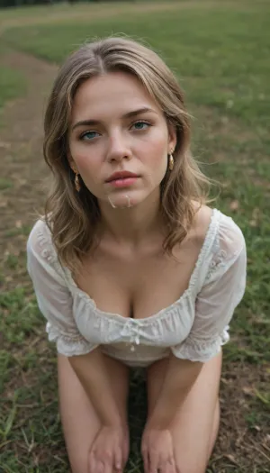 dirty homeless woman beautiful blonde 18 years old with ponytails woman, kneeling in a meadow, background nature, leaddungeon, boobs out, white blouse, boobs completely visible, huge natural boobs, cum in face, cum on boobs, cum between boobs