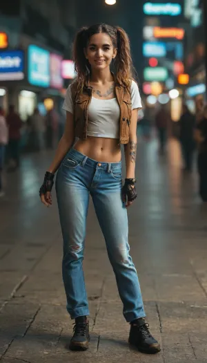 Mia, cyberpunk 2077, nomad, latina, full body, mechanical hands, black eyes, long blond hair, twintails hairstyle, colored tattoos, brown vest, jeans shorts, smiling, fashion pose, <lora:MJ52:.8>