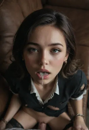 Sexy 20 year old Asian secretary, over-bite, small breasts, (deep pussy fuck), (wide open eyes), (Looking at viewer), mouth open, arched back, eyes closed, cum in mouth, cum on face, ((secretary)), (tied up), (restrained), (ripped clothes), (pov), (couch), <lora:dark:.3>