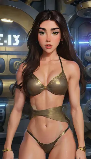 (ultra real), (figure), (High resolution), (8K), (very detailed), (Best figure), (detailed and beautiful eyes), (highest quality), (Super detailed), (masterpiece), (wallpaper), (detailed face), This artwork should be hyper-realistic, capturing every detail with stunning clarity, Imagine a female Madison Beer, platinum blonde hair, very long hair, curly hair, perfect fit body with a slender and toned muscular hourglass physique, The outfit should be suggestive and alluring metal bikini slave_Leia costume outfit, The costumes were distinguished by their top half, a molded bronzium harness worn on the chest that had metal filigree on the cups and was fastened with cords crisscrossed behind the neck and back. The top was accompanied by variable pieces on the lower half, such as a bikini brief with filigree complementing the harness or a lashaa silk skirt with separate panels suspended from a metal belt, narrow waist, wide hips, slender body, tall body, thigh gap, skinny, (oily skin, gleaming skin, tanned skin, sweat:1.2), Consider incorporating elements of her environment, like an inside of a spaceship, deathstar, highlydetailedbody, realisticface, highlydetailedhair, insanelydetailed, 8K.highdetailedskin, highresolution, perfectfingers, (j_cartoon:1.5), Drawing., <lora:Madison_Beer_2024_SDXL_JugX_trigger_m4d1s0n-000066:1>, uberfit, muscular, athletic, <lora:uberfit_lora_sdxl:.8>, <lora:samdoesarts1.1-000030:.4>, <lora:J_cartoon:.3>, <lora:Animated_Concept:.4>