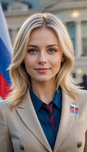 Women closeup, tie, russia_flag, blonde_hair, blue_sky, day, smile, flag, flag_background, formal, jacket, outdoors, realistic, sky, suit, white house at background, detailed photo, photorealistic photo, realistic pretty women photo, realistic night vision soft focus parallax double exposure photo style. #KITTYART






























#KITTYART