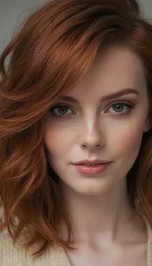 ziprealism, (hyper feminine features, ultra feminine, adorable Scottish girlfriend, pale skin:1.4), (avant-garde beauty esthetic, closeup, sharp focus:1.6), (long delicate eyelashes, subtle makeup, natural look makeup, soft flirty smile:1.2), (vibrant auburn hair, stylish hair, swept back hair style, asymmetric hair style, hair cut in textured layers, subtle coppery highlights:1.8), (masterpiece, best quality, 8k, RAW photography, award-winning, uncompressed, maximum quality), (professional color grading:1.2), (softly blurred background, soft bokeh), (natural skin texture, realistic skin details, subtle vellus hairs), (maximum hair detail, natural hair texture), (perfect eyes, maximum eye detail, expressive eyes, visible limbal ring, detailed iris texture, realistic eye texture)