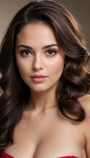 Latin girl of 18 with confident and seductive posture, Curvaceous and marked figure, with wide hips, generous bust and narrow waist, forming a natural hourglass silhouette, Light brown or cinnamon skin, smooth and with a healthy glow, Firm and shapely legs, with a fluid and striking walk, Face slightly elongated or heart-shaped, with expressive features, Dark eyes, deep and with an intense gaze, accompanied by long eyelashes and well-defined eyebrows, Nose Straight or slightly upturned, small and delicate, Lips Full and fleshy, naturally marked, with a curve that is usually in a mischievous or confident half-smile, Cheeks With a slight natural blush, marked with high cheekbones that highlight her expression, Hair Long, abundant and dark brown or jet black, with warm highlights, Hair style Loose with large, natural waves, falling down her back or over one shoulder, Hair texture Voluminous, shiny and with movement.