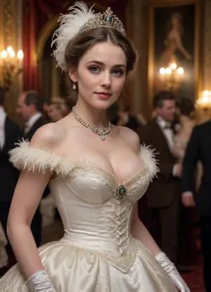(VICTORIAN LADY, Victorian, Victorian girl, Victorian woman:1.5), (happy slutty smile), (gas lamp lighting:1.3), (ball gown, (decollete), , , (((medium tits out))), , , Ostrich feather on the head, elite high class ball, beautiful Victorian ball room, large ball room lined with expensive paintings, ball room full of guests dancing:1.2), (ultra realistic, realistic, photorealistic, photo realistic, photorealism, photo realism), (maximum quality, ultra-detailed, insanely detailed, highly detailed, high quality, uncompressed, raw source photograph), (highly detailed eyes, high resolution eyes, high quality eyes, highly detailed skin, detailed skin texture, highly detailed hair), (same color eyes, symmetric eyes, matching eyes, detailed eyes, detailed iris, detailed pupils, limbal ring around iris, perfectly round iris, perfectly round pupils), (striking eyes, captivating eyes, mesmerizing eyes, glittering eyes, Fae eyes), (porcelain skin, elegant neck, expressive eyes, wide eyes, large eyes, narrow defined jawline, high defined cheekbones:1.2), (full-length view)