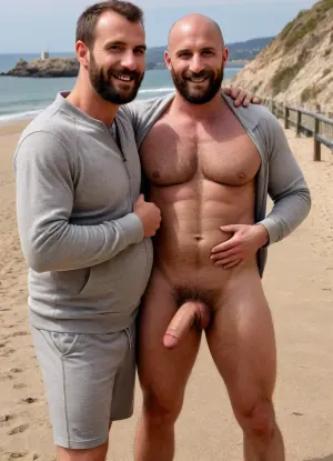 2 men. Full body photo., ((A sexy man, 30yo, very tall, very hairy, german, full beard, beautiful face, smiling, wearing grey shorts and a grey tracksuit jacket, jacket open presenting his muscular hairy chest, pants pulled down exposing his 12-inch very long very large soft uncut penis.)), ((Next to him stands another second man, 60yo, slim, fully dressed, fully clothed, stocky, old, bald, german, moustache, touching the 1st man's belly.)), on a sunny beach walkway, perfectly natural skin, perfect hands, handslora, @hrypctls1, hairy, chest, shot with flash, harsh lighting, dramatic contrasts, <lora:xpenis-1.5e:.8>, <lora:590198_training_data:.6>, <lora:@hrypctls1.v1.concept.sdxl_epoch_3:.3>