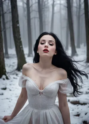 A fairytale image, closeup, Snow White lies on her back in the snow with her eyes closed, ((tight tiny breasts)), (fullbody), She has long black hair, She wears a long, smooth white dress. She is in a dark, gloomy, dense forest, (((It is foggy and snowing under the winter sun))), the trees casting vast, dark shadows. A fairytale scene, She has a very pretty coquettish faded face, heartshaped lips, lip gloss, aroused skin, darkness mood, detailed photo, photorealistic photo, realistic pretty women photo, realistic night vision parallax double exposure photo style, #KITTYART