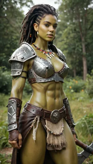 Realistic, 8k, detailed face, orc woman, warrior, green skin, tribal piercings, tribal markings, wearing iron armor, slutty armor, leather, medium perky breasts, slim waist, dreadlock hair, on a battlefield, carrying an axe, muscular body