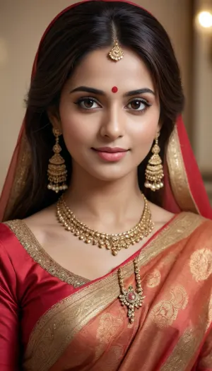 Generate a high-quality and photorealistic portrait of a beautiful Indian bhabhi.full body view, The composition should emphasize ultra-detailed and artistic elements, ensuring masterpiece-level quality with a focus on realism. The portrait should feature, **Facial Features, **, Expressive eyes with a deep and intense gaze., A radiant smile that exudes a warm personality., Smooth skin with a luminous complexion., Delicate facial features and a serene expression.

- **Hair and Makeup, Long, shiny hair styled gracefully., Subtle makeup that enhances natural beauty.

- **Attire and Accessories, Traditional sari with vibrant colors and rich textures., Ethnic jewelry and gorgeous accessories showcasing exquisite craftsmanship., Ornate henna design on her hands.

- **Artistic Elements, Soft shadows and subtle highlights to create a sense of depth., Striking contrast and aesthetic composition., Detailed patterns and impeccable clarity.

- **Background and Lighting, Studio lighting to highlight facial features and attire., A colorful backdrop with a subtle, dreamy ambiance., Warm color palette to add to the regal elegance and unforgettable charm of the subject.
