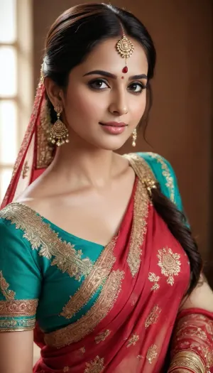 Generate a high-quality and photorealistic portrait of a beautiful Indian bhabhi.full body view, The composition should emphasize ultra-detailed and artistic elements, ensuring masterpiece-level quality with a focus on realism. The portrait should feature, **Facial Features, **, Expressive eyes with a deep and intense gaze., A radiant smile that exudes a warm personality., Smooth skin with a luminous complexion., Delicate facial features and a serene expression.

- **Hair and Makeup, Long, shiny hair styled gracefully., Subtle makeup that enhances natural beauty.

- **Attire and Accessories, Traditional sari with vibrant colors and rich textures., Ethnic jewelry and gorgeous accessories showcasing exquisite craftsmanship., Ornate henna design on her hands.

- **Artistic Elements, Soft shadows and subtle highlights to create a sense of depth., Striking contrast and aesthetic composition., Detailed patterns and impeccable clarity.

- **Background and Lighting, Studio lighting to highlight facial features and attire., A colorful backdrop with a subtle, dreamy ambiance., Warm color palette to add to the regal elegance and unforgettable charm of the subject.