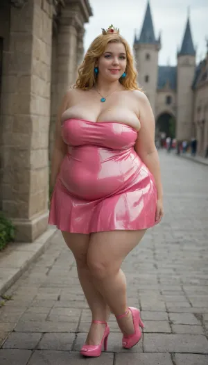 1 girl, character Princess Peach, full body image, very chubby woman, (bbw, fat:1.6), very busty, full pink lips, small crown, bright yellow hair, pink latex strapless dress with long pleated skirt, blue earrings, necklace with blue pendant, pink high heel shoes, smiling, posing, castle background