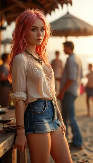 20 years old woman, unbuttoned blouse and pleated miniskirt, petite body, with long pink hair, huge sagging boobs, seductive face, fair skin, sexy necklace, striking a confident and intimate pose styled like a pornstar photoshoot, beside her stands a 40 years old father with a skinny and short body in jeans, his eyes detailed and realistic, the woman’s body noticeably shorter than the father, standing in a sensual atmosphere, and bustling with crowded people, Beach setting lively environment, vibrant sunset, full body view 8k, HDR, UHD, ultra detailed, RAW photo, shot on NIKON'S D850, F/1.8, shallow depth of field, sharp focus on the subject, ultra-detailed micro features, highly detailed textures, realistic skin tones, vibrant colors, cinematic composition, maximum detail, hyper-realistic rendering, professional photo quality., <lora:MJ52:.8>
