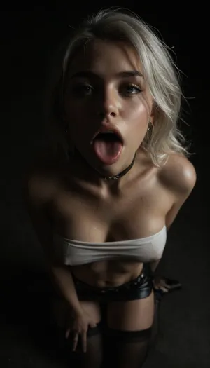 (score_7_up, score_8_up, score_9, 1girl, solo, masterpiece), face close-up, on her knees, (overhead view, view from above), (skindentation:1.1), sultry, seductive, seducing, alluring, intimate, sexual, horny, ((long white hair)), ((black leather micro skirt), 18yo girl, (athletic skin body), (narrow waist:1.4), ((hip gap)), insatiable, lustful, erotica, irresistible, ziprealism, white tube-top, erected nipples, black choker, platform high-heels, oiled skin, black stockings, tognue pulled out, (mouth wide open:1.5), (black background, chiaroscuro lighting:1), <lora:sunnyrayyxo_v1_SDXLBase:.4>, <lora:dark:.6>)