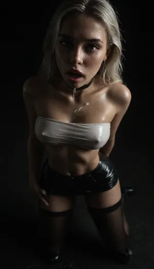 (score_7_up, score_8_up, score_9, 1girl, solo, masterpiece), face close-up, on her knees, (overhead view, view from above), (skindentation:1.1), sultry, seductive, seducing, alluring, intimate, sexual, horny, ((long white hair)), ((black leather micro skirt), 18yo girl, (athletic skin body), (narrow waist:1.4), ((hip gap)), insatiable, lustful, erotica, irresistible, ziprealism, white tube-top, erected nipples, black choker, platform high-heels, oiled skin, black stockings, (mouth wide open), blue eyes, (black background, chiaroscuro lighting:1), (cum on face), <lora:sunnyrayyxo_v1_SDXLBase:.4>, <lora:dark:.6>)