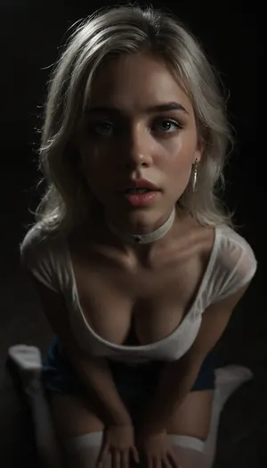 (score_7_up, score_8_up, score_9, 1girl, solo, masterpiece), (overhead view), view from above, on knees, focus on face, (skindentation:1.1), sultry, seductive, seducing, alluring, intimate, sexual, horny, ((long white hair)), (blue micro skirt), 18yo girl, (athletic skin body), (narrow waist:1.4), ((hip gap)), insatiable, lustful, erotica, irresistible, ziprealism, sideboob white work-shirt, white choker, opened mouth, white stockings, (white wet g-strings), blue eyes, cleavage, tongue pulled out, smiling, cum on face, ruined make-up, tears, ample cleavage, (black background, chiaroscuro lighting:1), <lora:sunnyrayyxo_v1_SDXLBase:.4>, <lora:dark:.6>